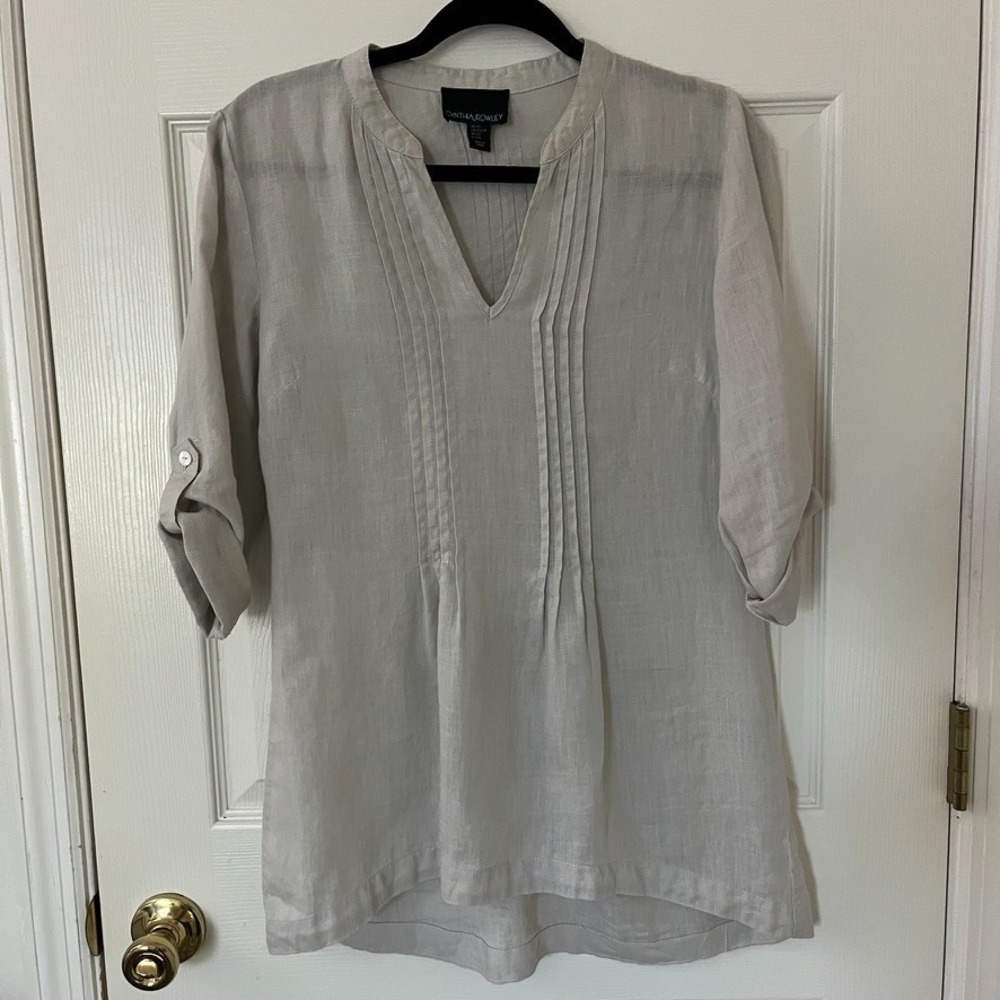 100% Linen Pintuck XS Taupe Tunic Lagenlook Coastal Grandmother